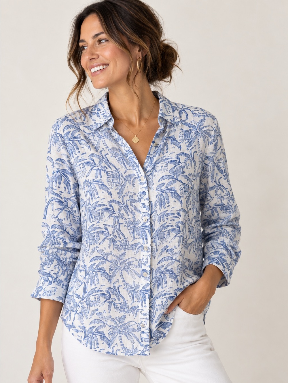 Roberta Roller Rabbit Blue Elephant Palm Print Button Down Blouse Medium